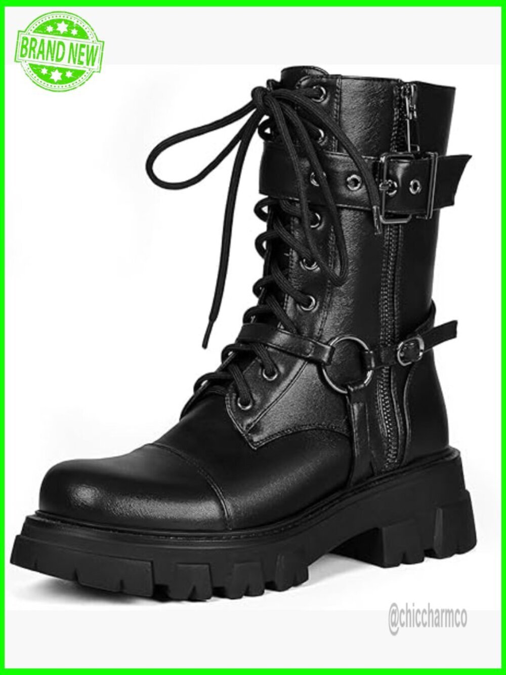 Mid Calf Motorcycle Biker Boots Steampunk Combat Boots Chunky Lug Sole Lace up